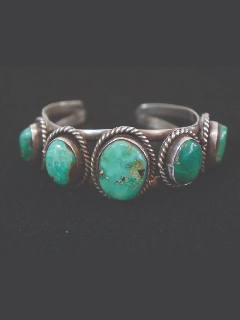 Vintage Navajo Sterling Silver 5 Stone Turquoise Row Cuff Bracelet Unsigned